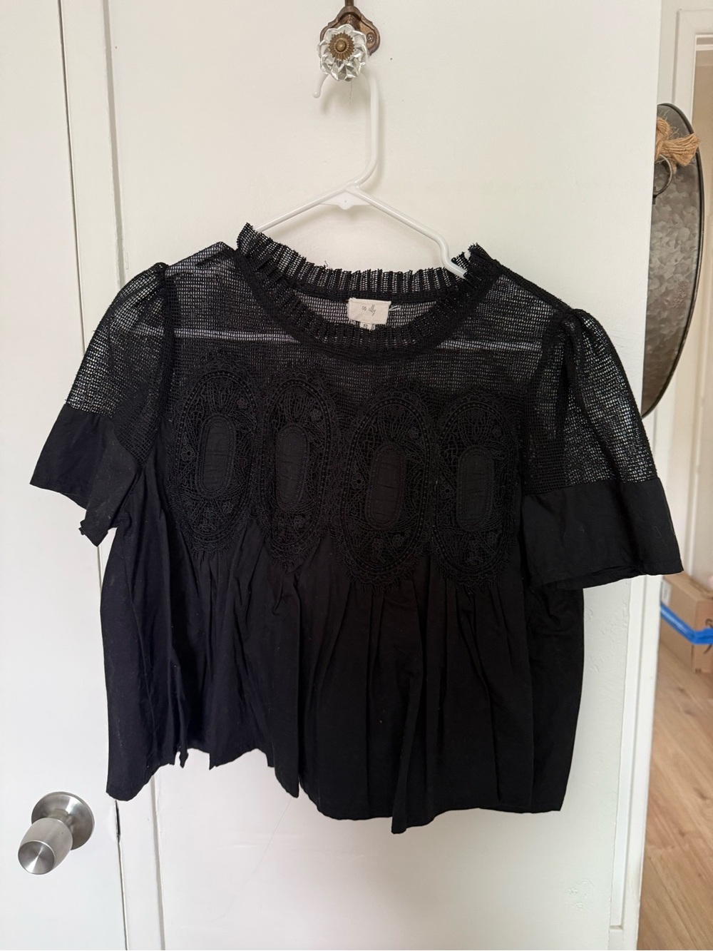 Anthropologie Women's Black Crochet Yoke Short Sleeve Top